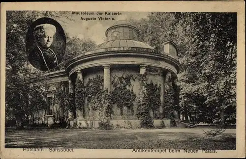 Ak Potsdam, Sanssouci, Antikentempel b. Neuen Palais, Mausoleum u. Portrait Kais. Augusta Victoria