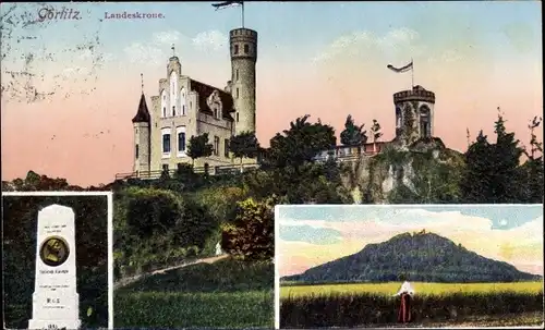 Ak Görlitz in der Lausitz, Gedenkstein mit Landeskrone, J. Miethank