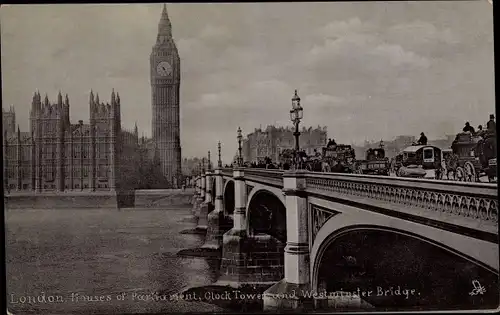 Ak London City England, Houses of Parliament, Clock Tower and Westminster Bridge