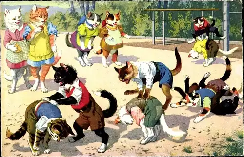 Ak Vermenschlichte Katzen auf dem Spielplatz, Katzenjungen beim Bocksprung