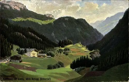 Künstler Ak Zillertal Tirol, Gasthaus zur Linde, Astegg