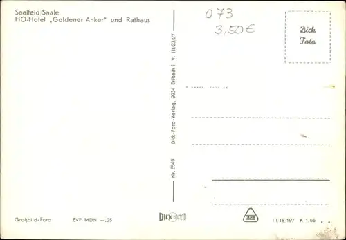 Ak Saalfeld an der Saale Thüringen, HO-Hotel Goldener Anker und Rathaus