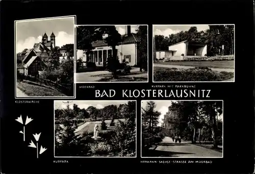 Ak Bad Klosterlausnitz in Thüringen, Klosterkirche, Moorbad, Kurparkbühne, Hermann Sachs Straße