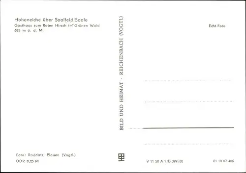 Ak Hoheneiche Saalfelder Höhe Saalfeld an der Saale, Gaststätte zum Roten Hirsch im Grünen Wald