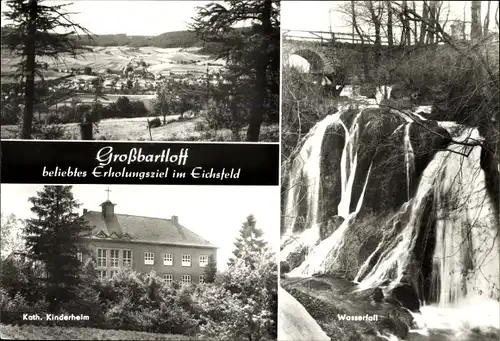 Ak Großbartloff im Eichsfeld Thüringen, Kath. Kinderheim, Wasserfall, Panorama vom Ort, Brücke