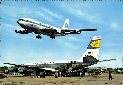 Ak Flughafen Düsseldorf, Passagierflugzeug Lufthansa, Pan American