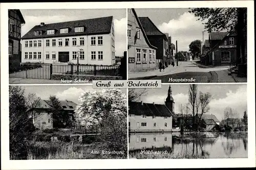 Ak Bad Bodenteich in der Lüneburger Heide, Neue Schule, Hauptstraße, Alte Ritterburg, Mühlenteich