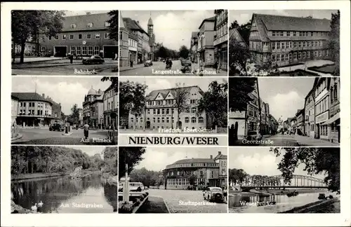 Ak Nienburg an der Weser, Filmeck, Bahnhof, Langestraße, Rathaus, Arbeitsamt, Weserbrücke, Georgstr.