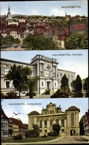 Ak Wolfenbüttel in Niedersachsen, Bibliothek, Garnisonkirche, Panorama vom Ort