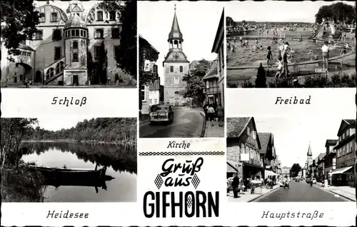 Ak Gifhorn in Niedersachsen, Hauptstraße, Freibad, Schloss, Heidesee