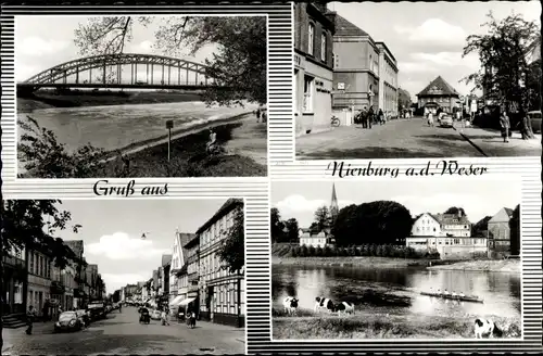 Ak Nienburg an der Weser, Brücke, Straßenpartie, Teilansicht