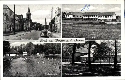 Ak Bergen an der Dumme Wendland, Breitestraße, Schule, Badeanstalt, Schützenhaus