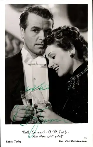 Ak Schauspieler Ruth Leuwerik und O. W. Fischer, Portrait, Ein Herz spielt falsch, Autogramm
