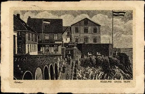 Künstler Ak Nordseeinsel Helgoland, große Treppe, Gasthof