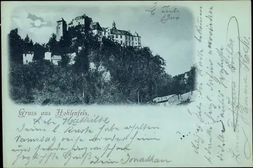 Mondschein Ak Mudershausen in Rheinland Pfalz, Burg Hohlenfels bei Nacht