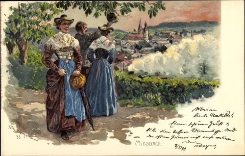 Litho Miesbach in der Region Oberland Oberbayern, Blick auf den Ort, Mann, Frauen in Volkstrachten