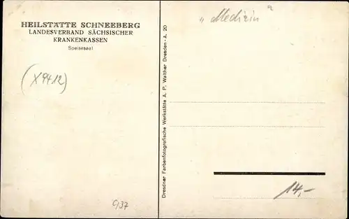 Ak Schneeberg im Erzgebirge, Speisesaal der Heilstätte