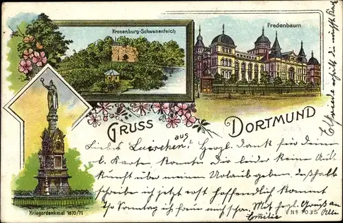 Litho Dortmund im Ruhrgebiet, Kronenburg, Schwanenteich, Fredenbaum, Kriegerdenkmal