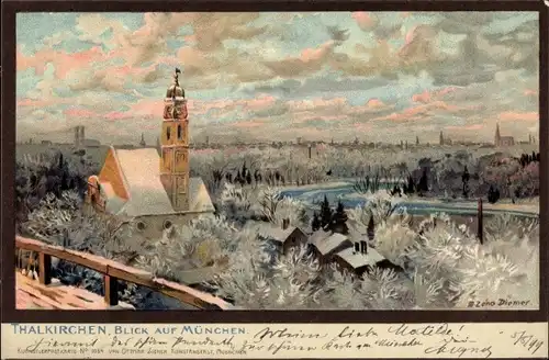 Künstler Ak Diemer, Zeno, Thalkirchen München, Winterlandschaft mit Kirche