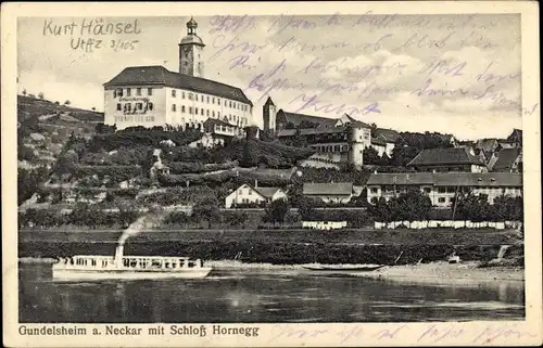 Ak Gundelsheim am Neckar Württemberg, Schloss Hornegg, Salondampfer, Ort