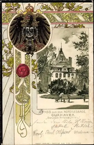 Präge Wappen Litho Nordseebad Cuxhaven, Schloss Ritzebüttel