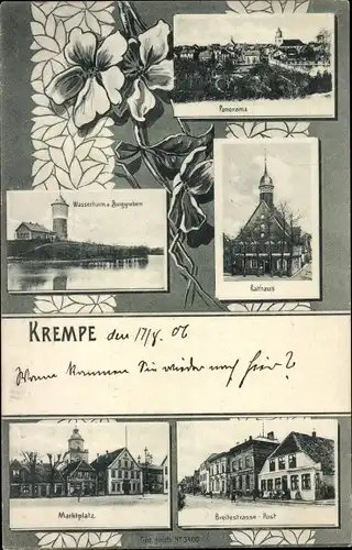 Ak Krempe in Holstein, Wasserturm, Rathaus, Breitestraße, Panorama