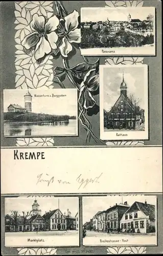 Ak Krempe in Holstein, Wasserturm, Rathaus, Breitestraße, Panorama
