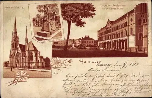 Litho Hannover in Niedersachsen, Lyceum, Realschule, Schillerdenkmal, Gartenkiche