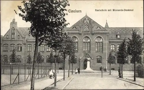 Ak Elmshorn in Holstein, Realschule, Bismarck Denkmal