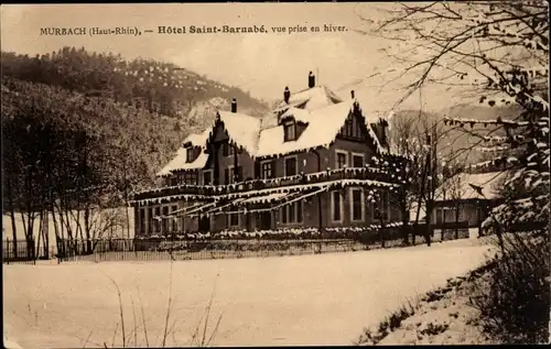 Ak Murbach Elsass Haut Rhin, Hotel Saint Barnabé, Aufnahme im Winter