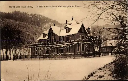 Ak Murbach Elsass Haut Rhin, Hotel Saint Barnabé, Aufnahme im Winter