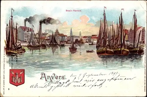 Litho Antwerpen Anvers Flandern, Blick in den Hafen, Segelschiffe, Bassin Flamand