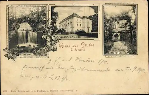 Ak Lauske Weißenberg in Sachsen, Ruine, Schloss, Wasserfall