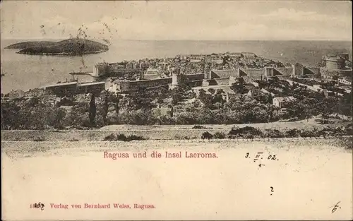 Ak Ragusa Dubrovnik Kroatien, Stadtansicht mit Insel Lacroma
