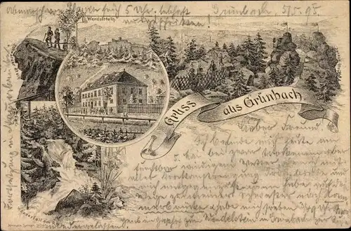 Vorläufer Litho Grünbach im Vogtland, Wendelstein, Wasserfall, Felspartie, 1895