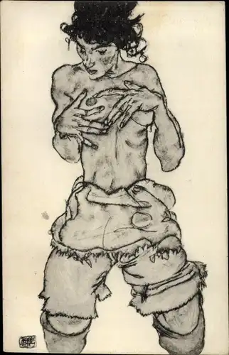 Künstler Ak Schiele, E., Portrait einer Frau mit nacktem Oberkörper, Busen