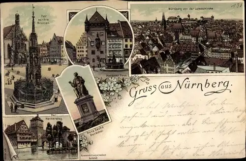 Litho Nürnberg, Grand Hotel, Henkersteg, Hans Sachs Monument, Nassauer Haus, Brunnen, Stadt