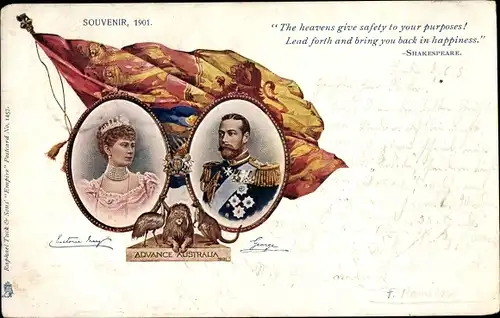 Passepartout Ak König Georg V. von England, Maria von Teck, Advance Australia