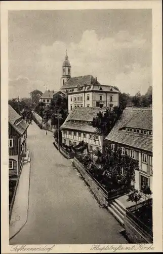 Ak Seifhennersdorf in der Oberlausitz Sachsen, Hauptstraße mit Kirche