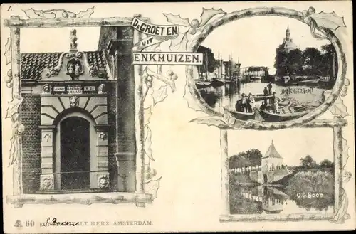 Ak Enkhuizen Nordholland Niederlande, Tor, Ruderpartie, Ruderboote, Hafen