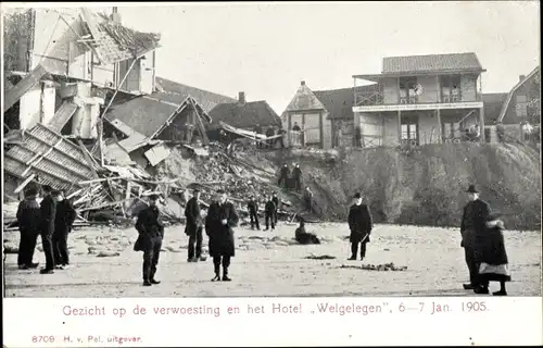 Ak Egmond aan Zee Nordholland Niederlande, Gezicht op de verwoesting en het Hotel Welgelegen 1905