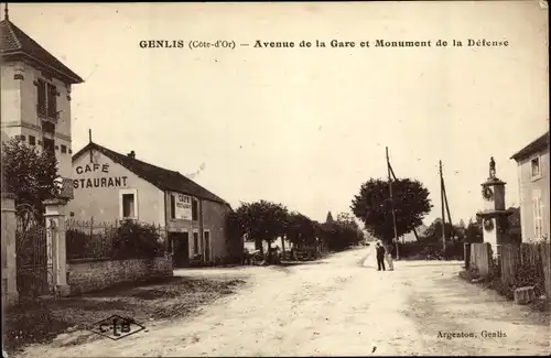 Ak Genlis Côte d&#39;Or, Avenue de la Gare und Monument de la Defense, Café, Restaurant