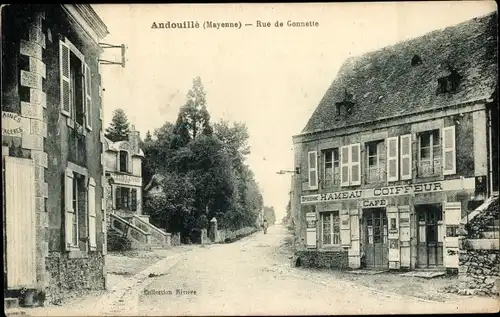 Ak Andouille Mayenne, Rue de Gonnette, Friseur, Café