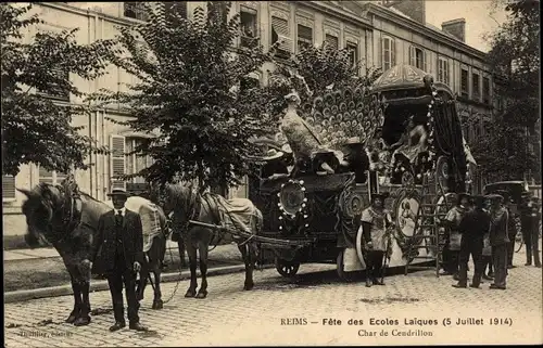 Postkarte Reims Marne, Weltschultag 1914, Aschenputtelwagen