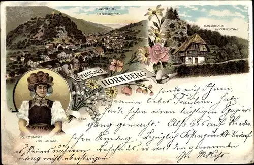 Litho Hornberg im Ortenaukreis Baden Württemberg, Gutacher Tracht, Bauernhaus, Blumen