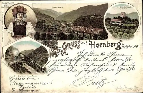 Litho Hornberg im Ortenaukreis Baden Württemberg, Schlosshotel, Gremmelsbachtunnel, Gutacher Tracht