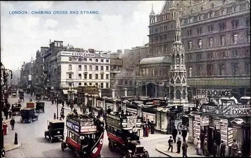 Ak London City England, Charing Cross and Strand, Busses