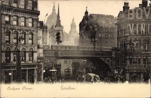 Ak London City England, Ludgate Circus, Peck's Lever Watches