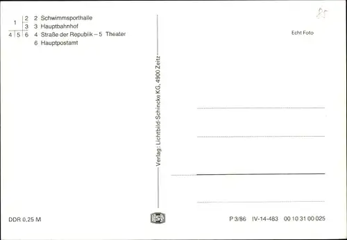 Ak Gera in Thüringen, Schwimmsporthalle, Hauptbahnhof, Straße der Republik, Theater, Hauptpostamt