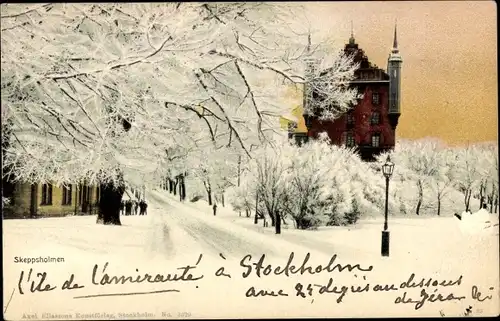 Ak Stockholm Schweden, Skeppsholmen, Allee, Winterpartie